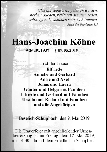 Traueranzeige von Hans-Joachim Köhne von RMZ