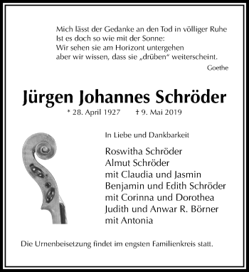 Traueranzeige von Jürgen Johannes Schröder von RMZ