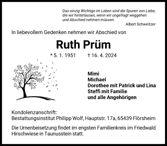 Traueranzeige von Ruth Prüm von FNP