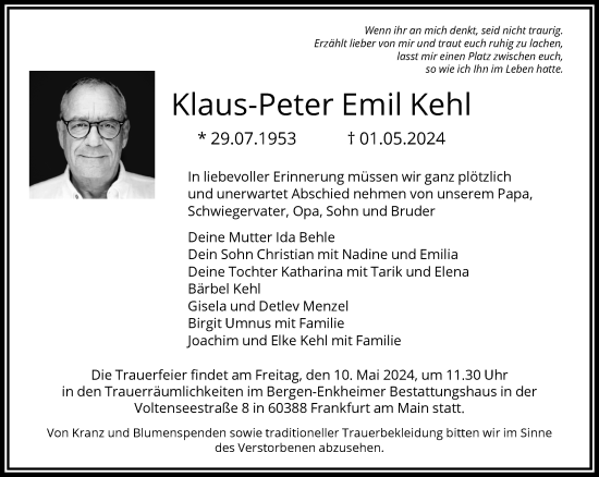 Traueranzeige von Klaus-Peter Emil Kehl 